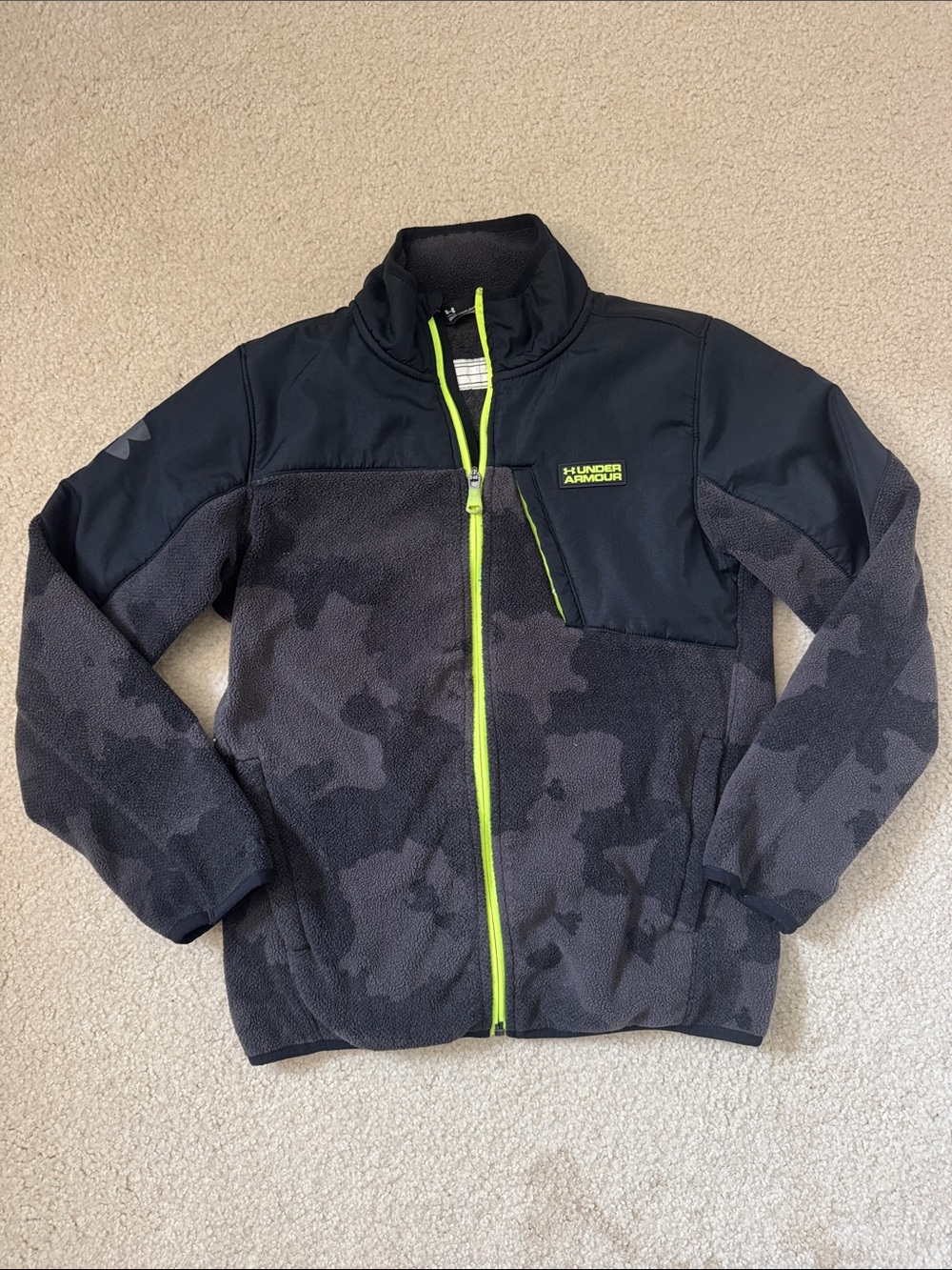 Under Armour Boys' Black & Gray Camo Jacket with Neon Yellow Zipper